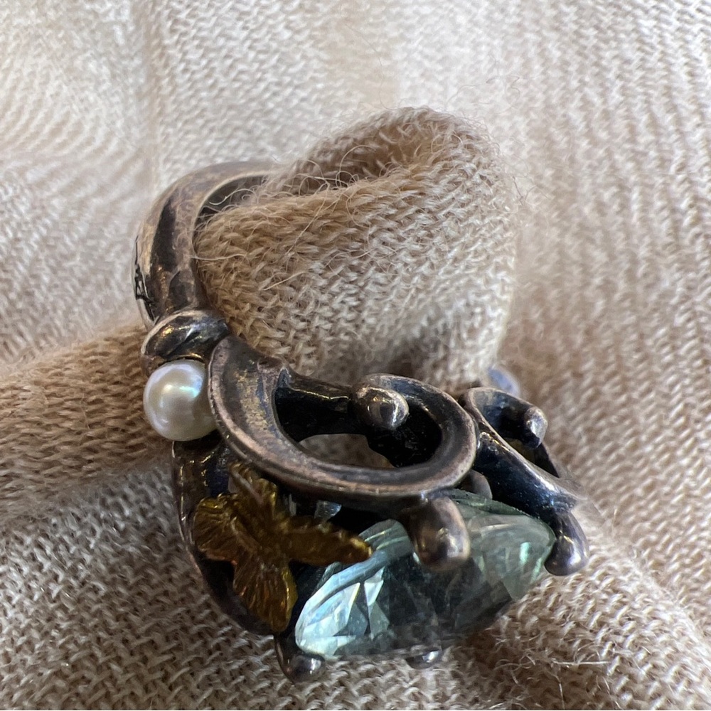 Ann king sterling silver 18K green amethyst/prasiolite pearl butterfly ring - Picture 3 of 16